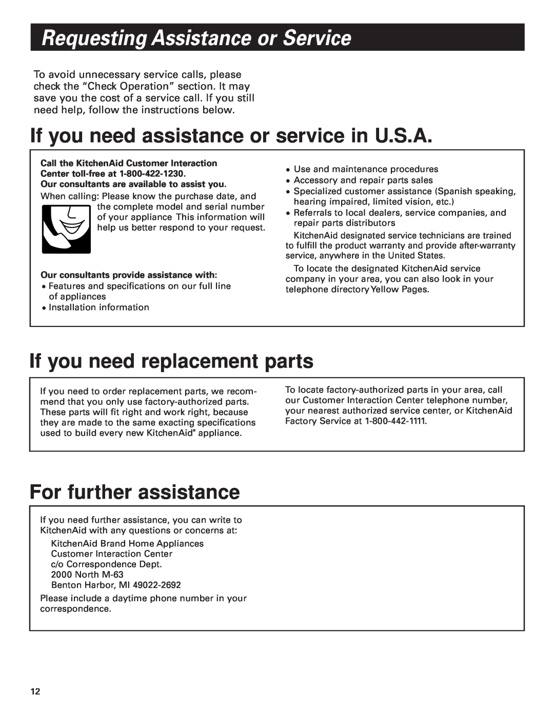 KitchenAid Pro Line Series Requesting Assistance or Service, If you need assistance or service in U.S.A 