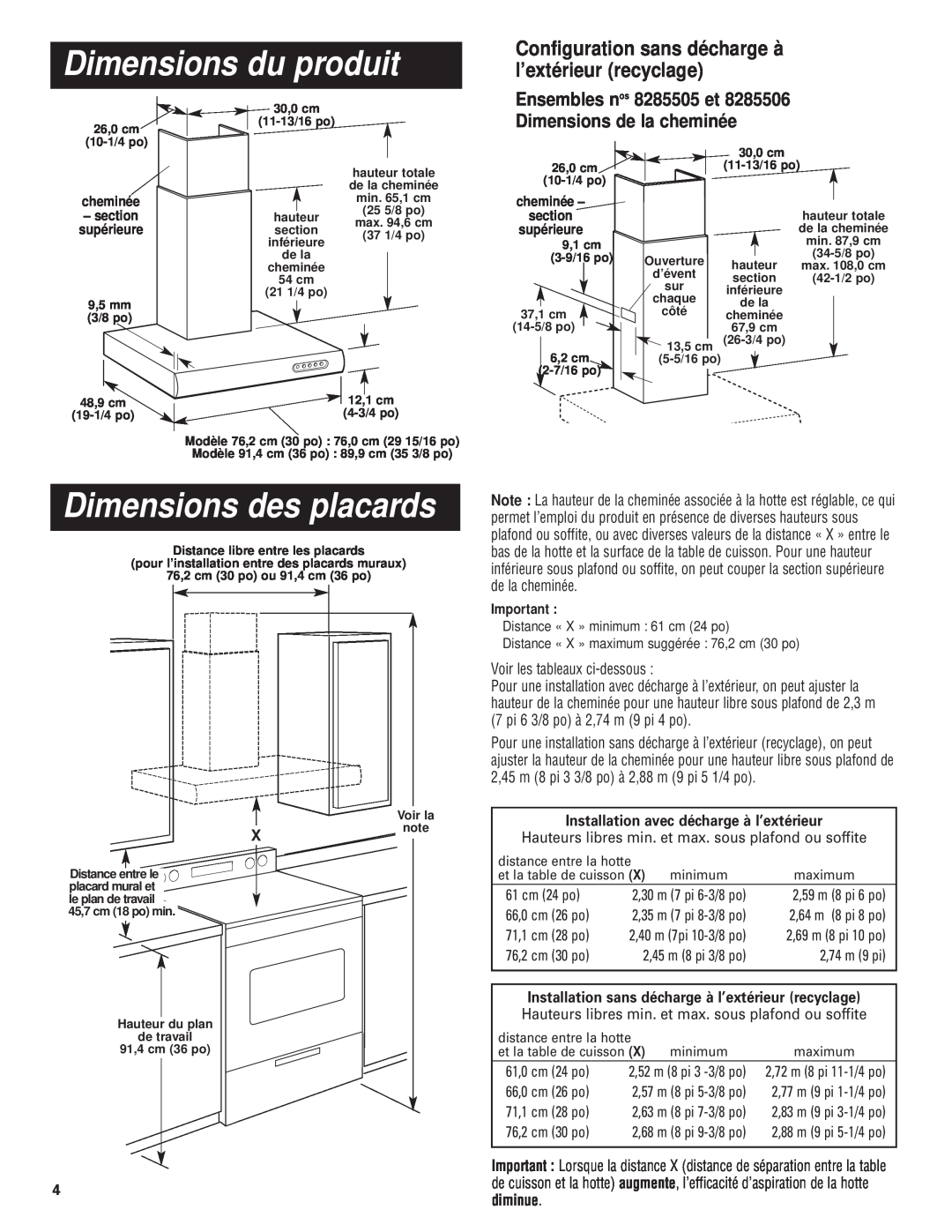 KitchenAid Pro Line Series Dimensions du produit, Dimensions des placards, Installation avec décharge à l’extérieur 