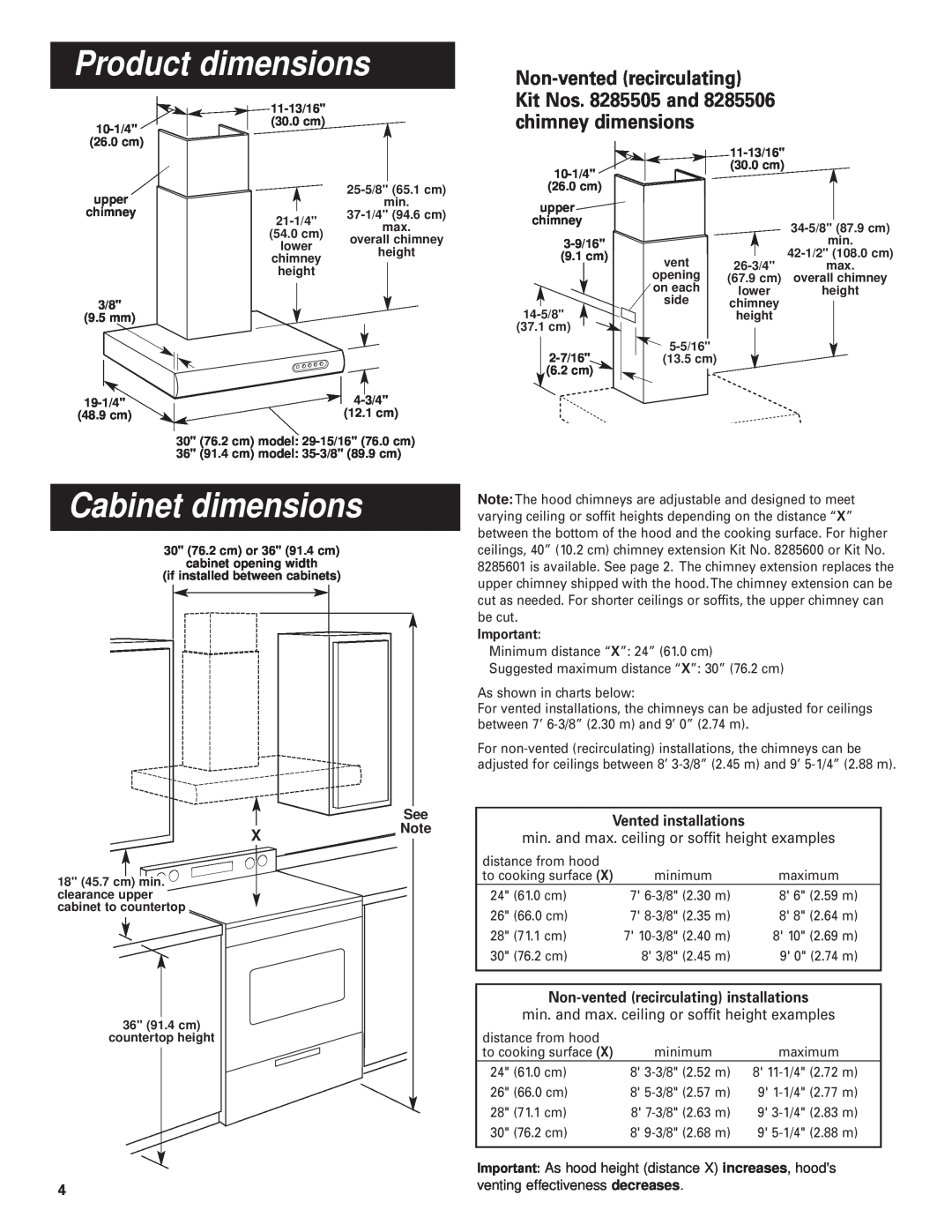 KitchenAid Pro Line Series Product dimensions, Cabinet dimensions, chimney dimensions, Vented installations 