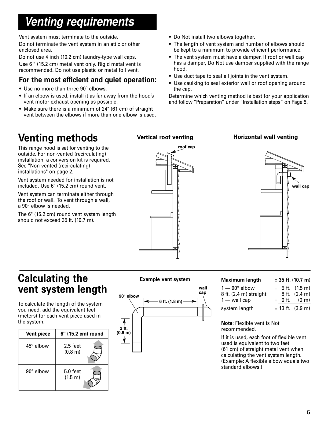 KitchenAid Pro Line Series Venting requirements, Venting methods, Calculating the vent system length, Vent piece 