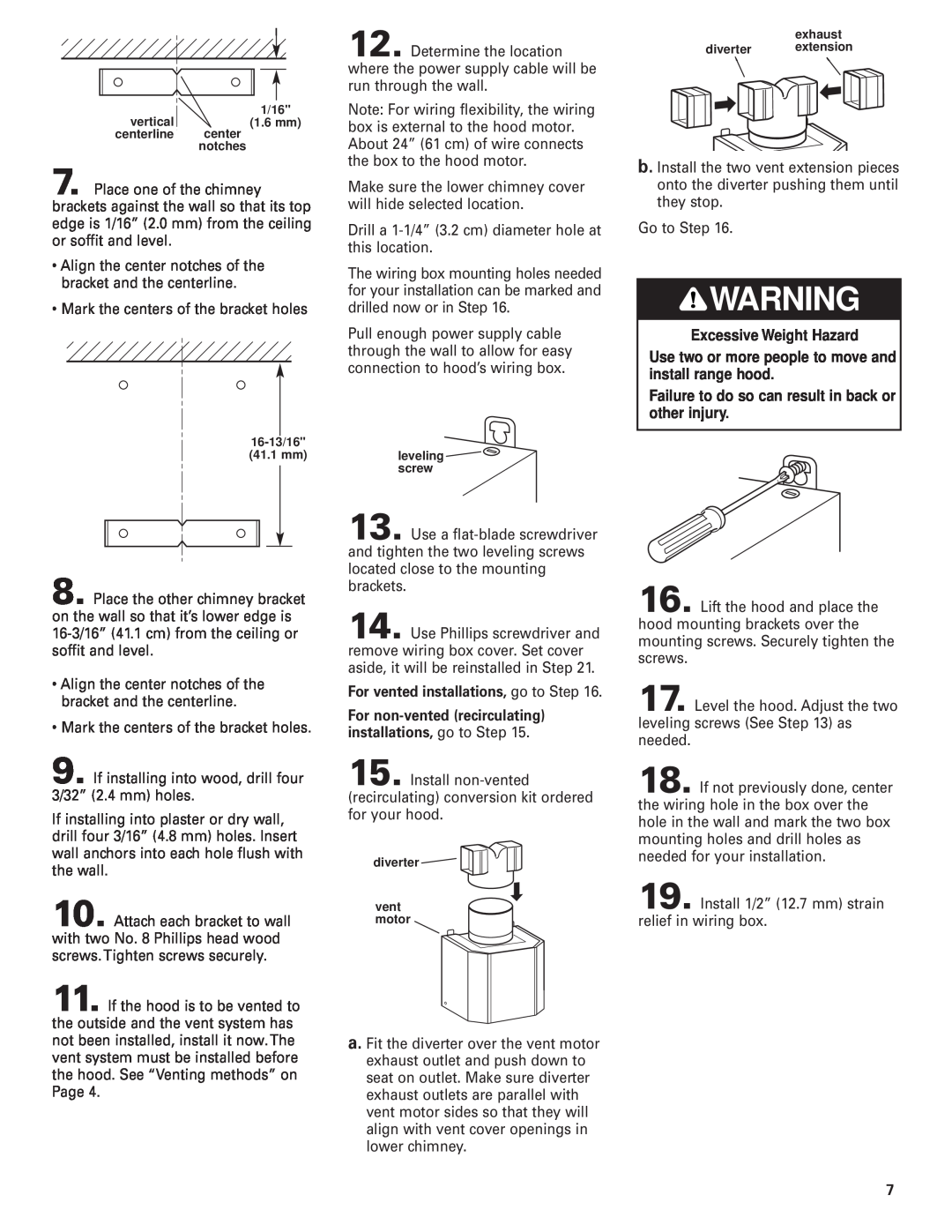 KitchenAid Pro Line Series installation instructions For vented installations, go to Step, Excessive Weight Hazard 