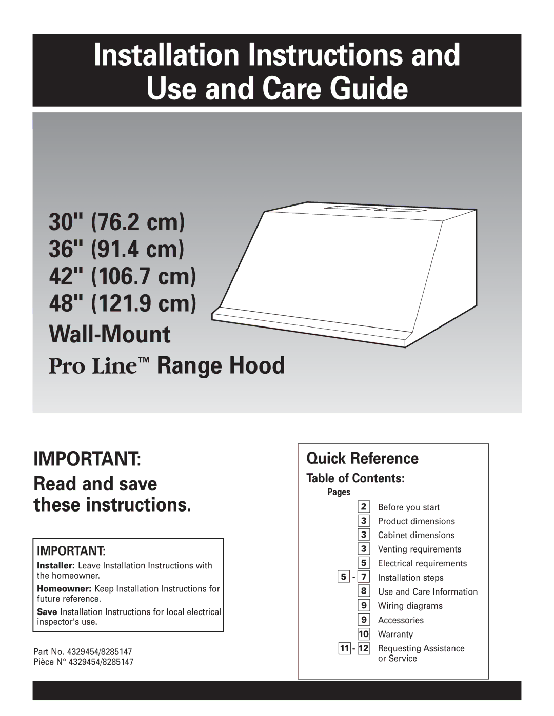 KitchenAid Pro LineTM installation instructions Quick Reference, Table of Contents 