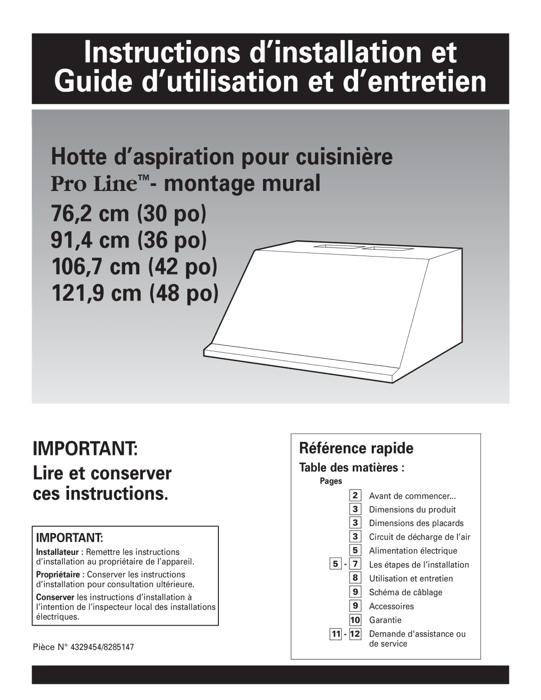 KitchenAid Pro LineTM installation instructions Référence rapide, Table des matières 