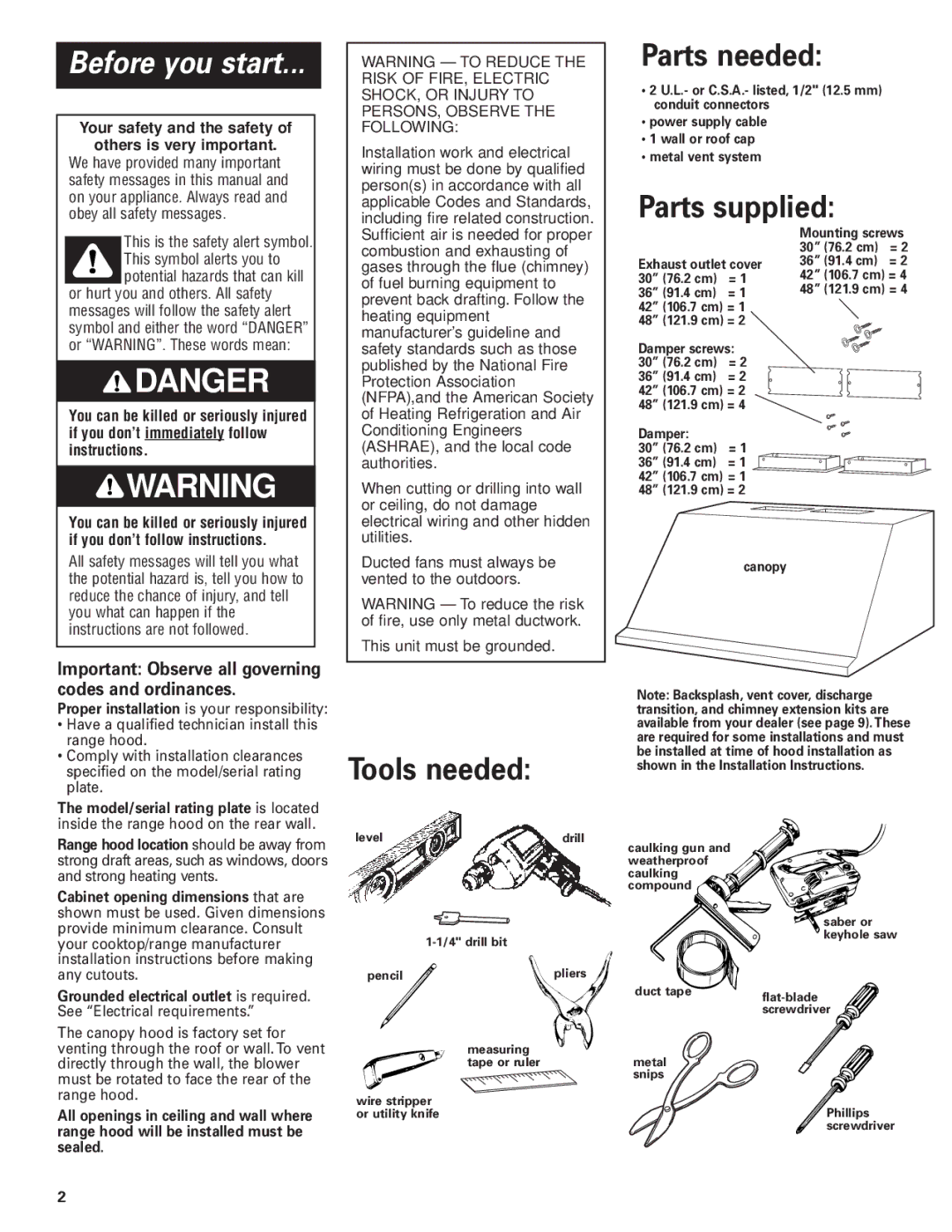 KitchenAid Pro LineTM Tools needed Parts needed, Parts supplied, Your safety and the safety Others is very important 