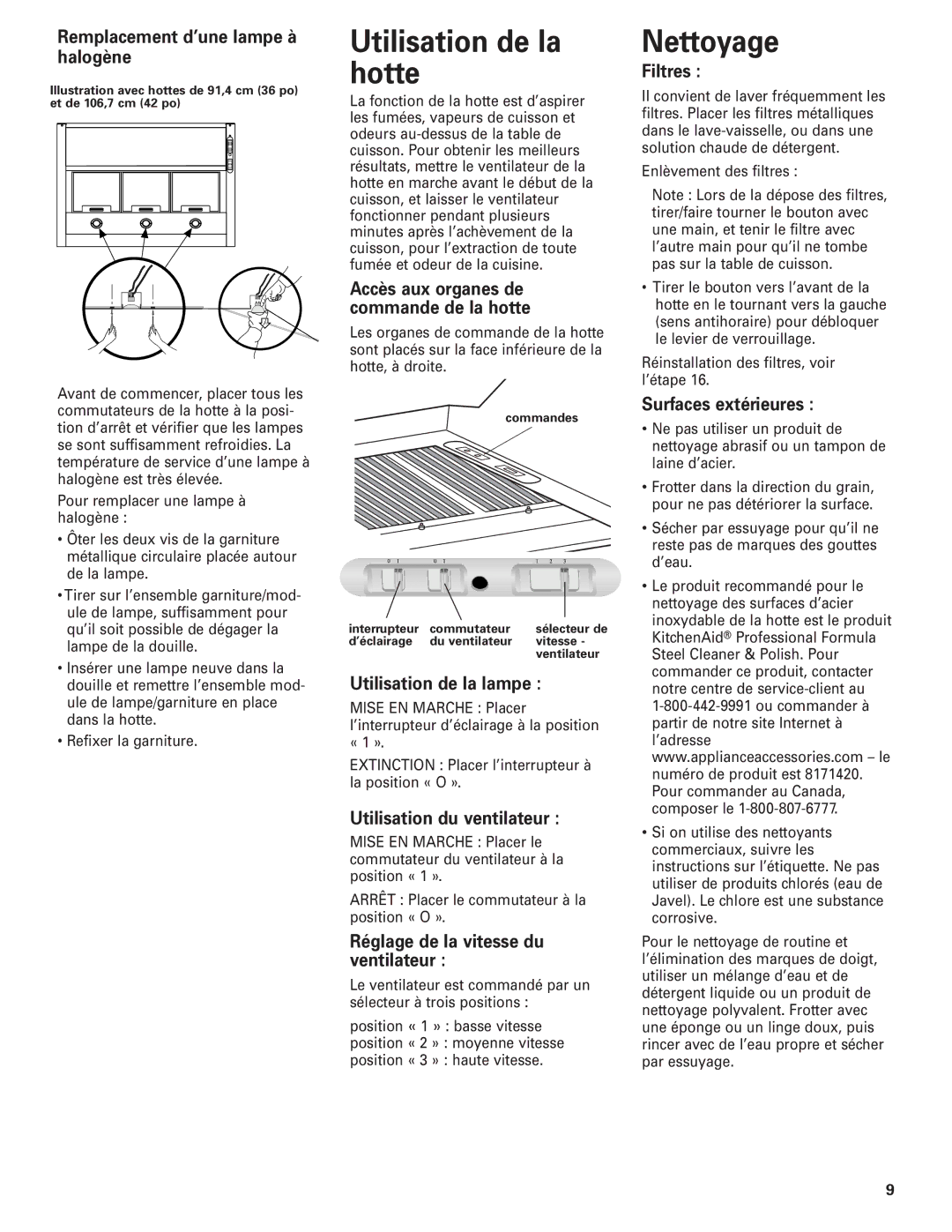 KitchenAid Pro LineTM installation instructions Utilisation de la hotte, Nettoyage 