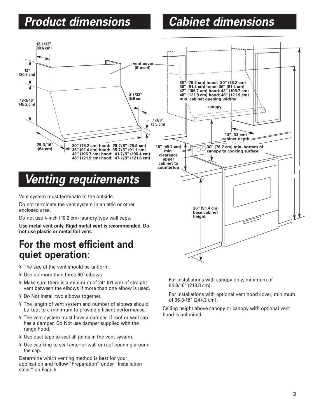 KitchenAid Pro LineTM installation instructions Product dimensions Cabinet dimensions, Venting requirements 