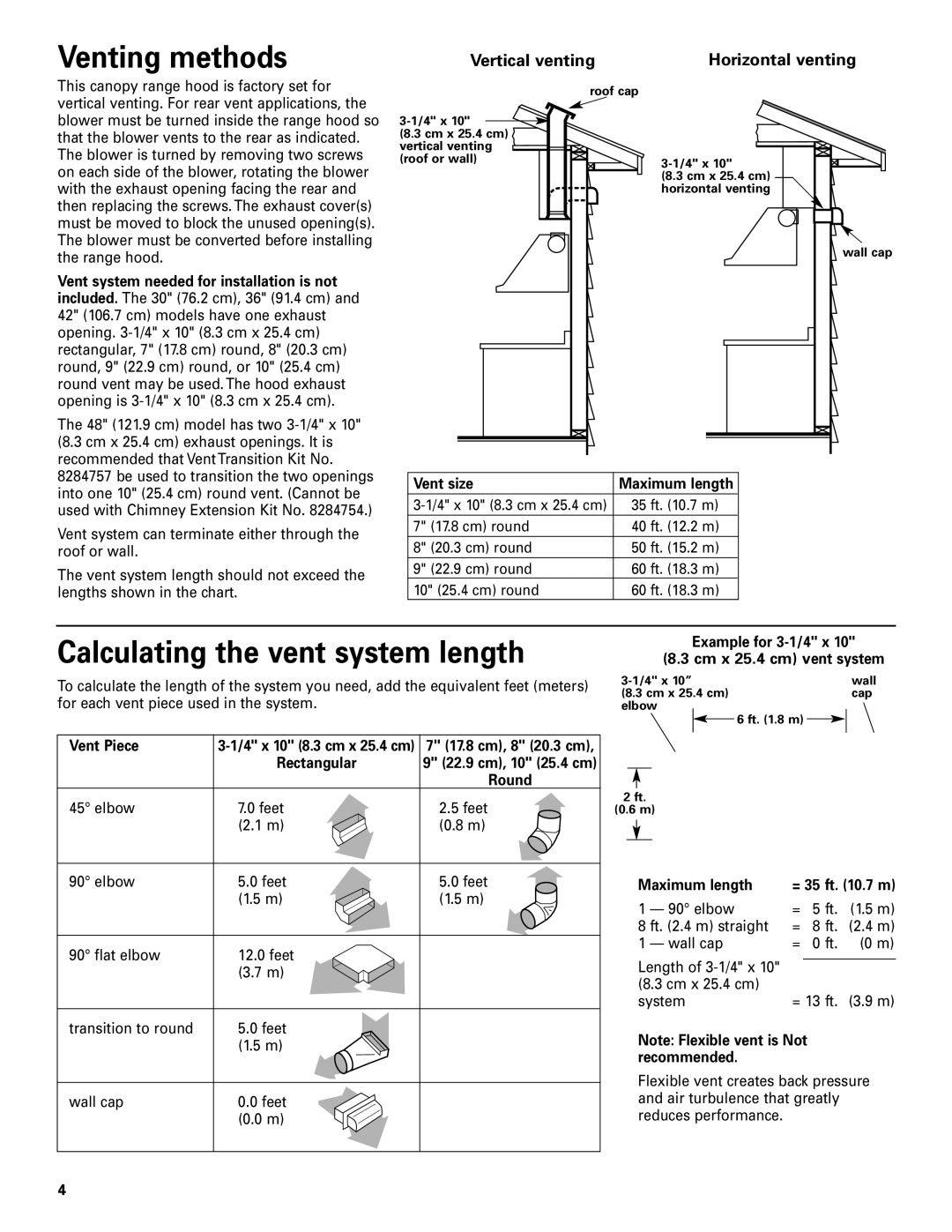 KitchenAid Pro LineTM installation instructions Venting methods, Calculating the vent system length 