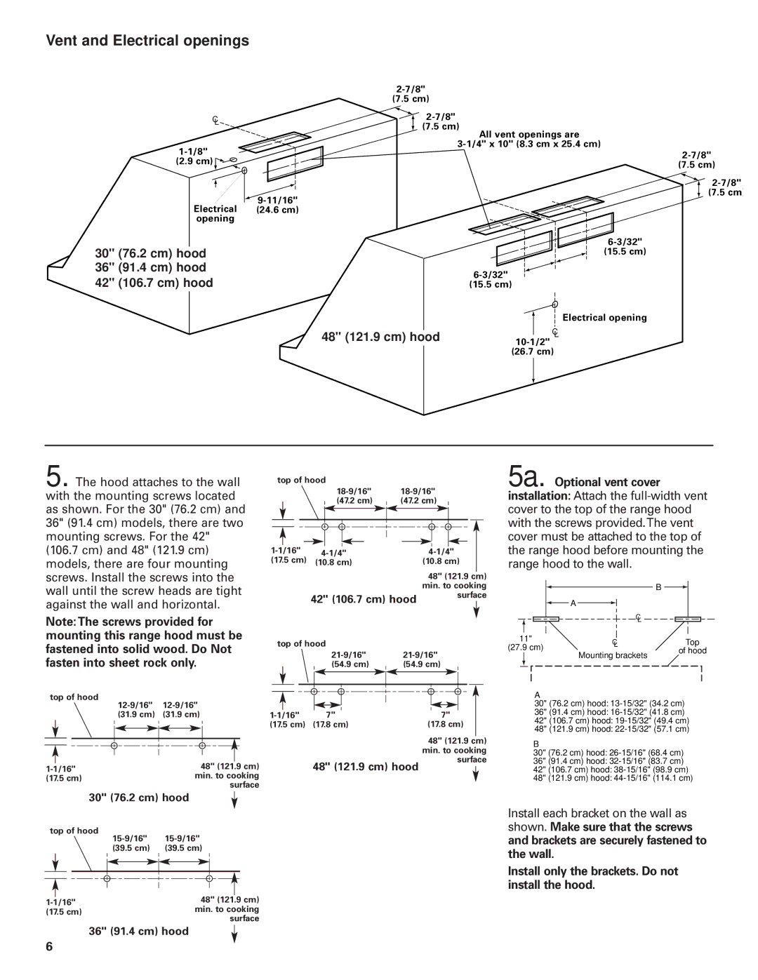 KitchenAid Pro LineTM installation instructions 30 76.2 cm hood, 36 91.4 cm hood 42 106.7 cm hood, 48 121.9 cm hood 