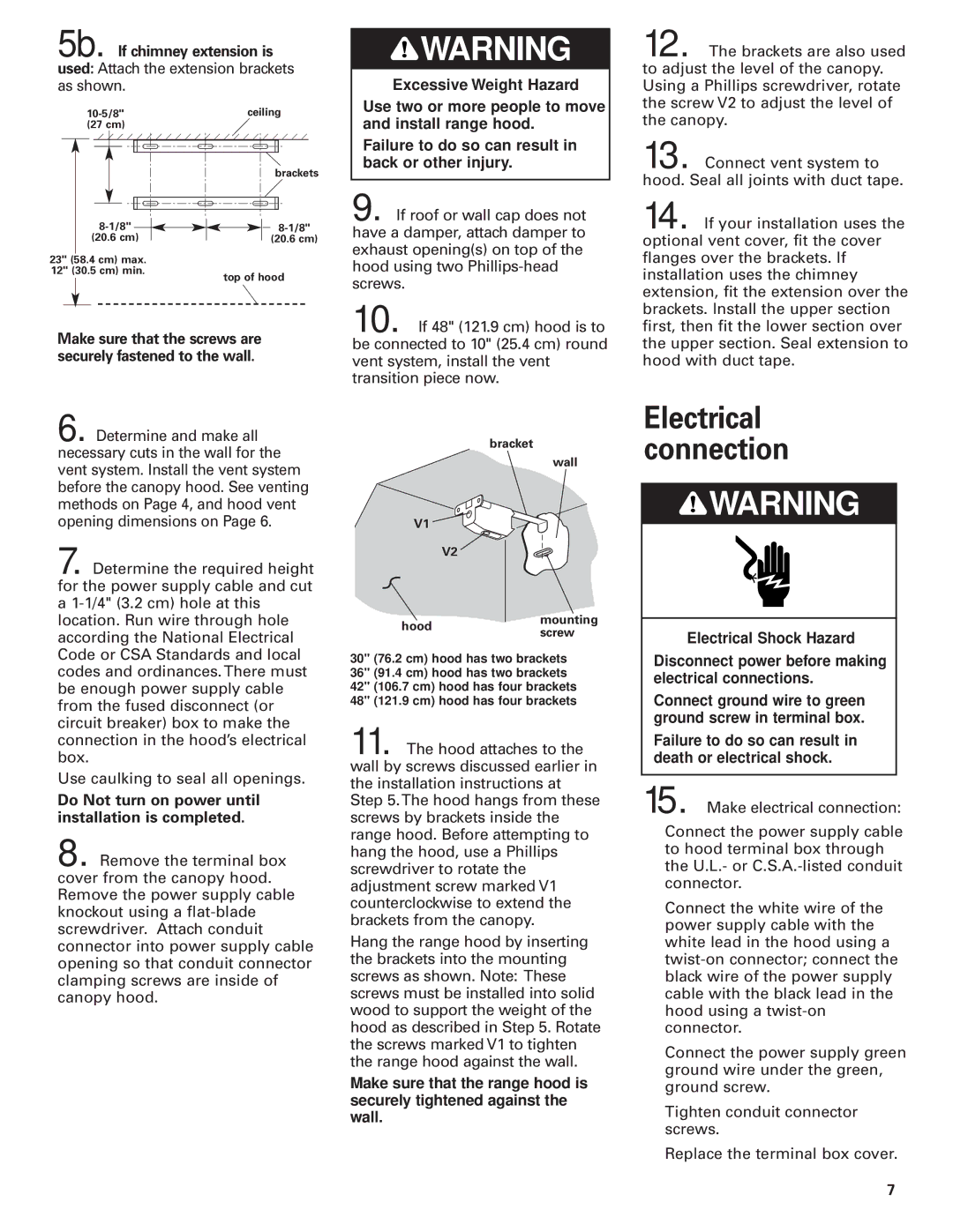 KitchenAid Pro LineTM installation instructions Electrical connection, 5b.If chimney extension is 