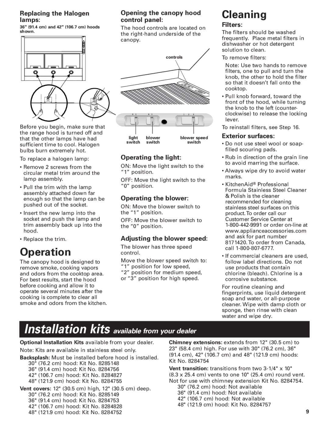 KitchenAid Pro LineTM installation instructions Operation, Cleaning, Optional Installation Kits available from your dealer 