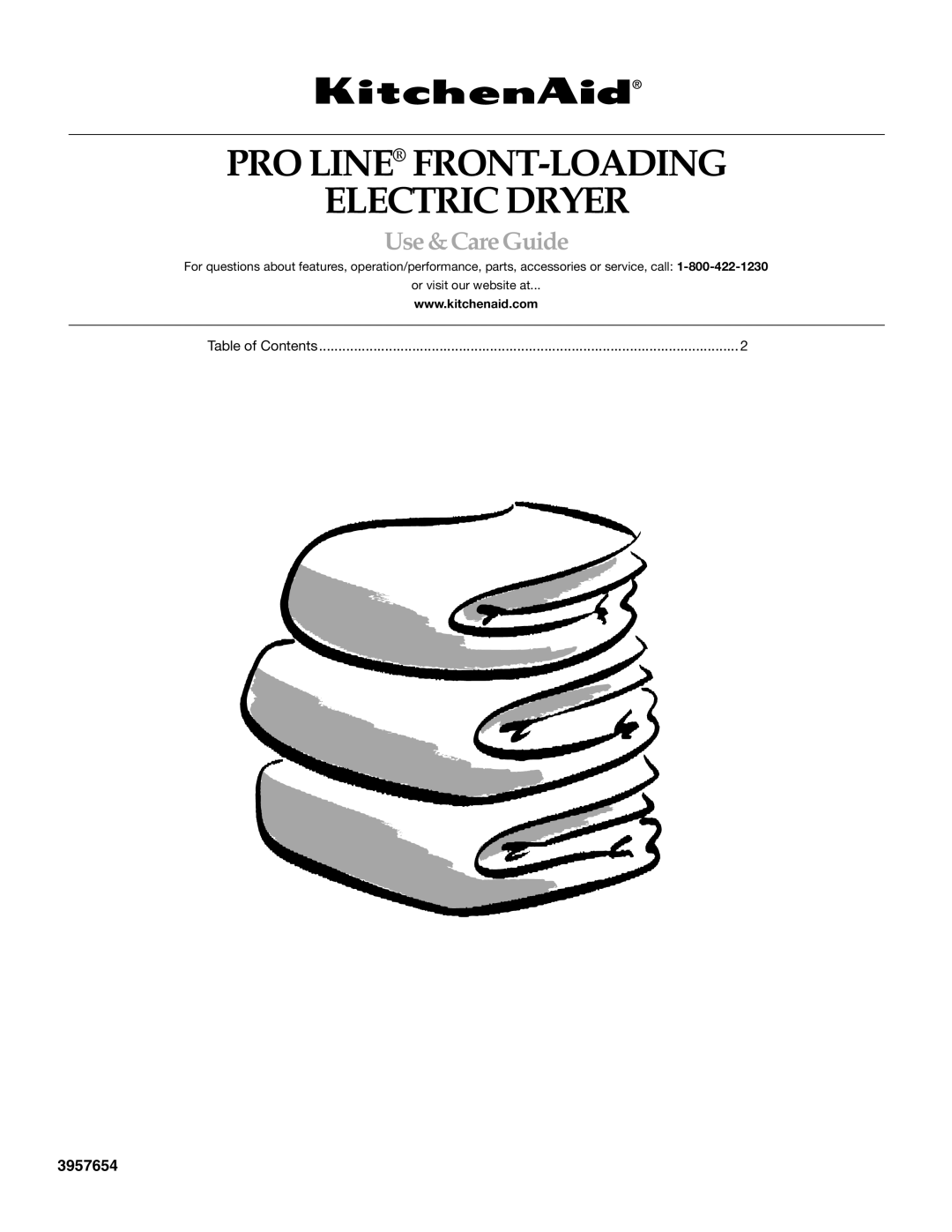 KitchenAid PROLINE FRONT-LOADING ELECTRIC DRYER manual PRO Line FRONT-LOADING Electric Dryer, Table of Contents 