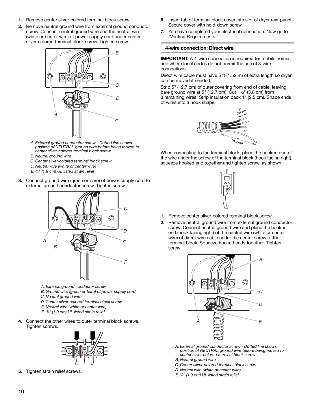 KitchenAid PROLINE FRONT-LOADING ELECTRIC DRYER manual Wire connection Direct wire 