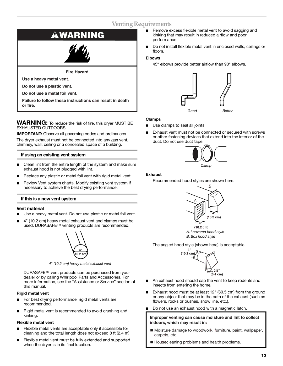 KitchenAid PROLINE FRONT-LOADING ELECTRIC DRYER manual Venting Requirements, If using an existing vent system 