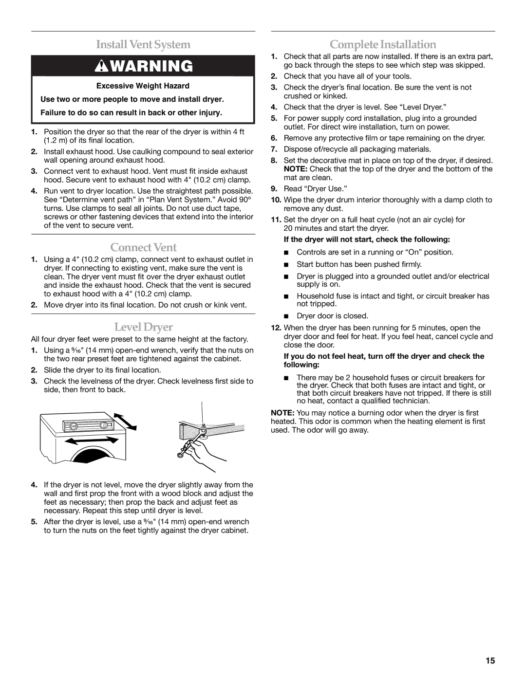 KitchenAid PROLINE FRONT-LOADING ELECTRIC DRYER manual InstallVent System, Connect Vent, Level Dryer, Complete Installation 