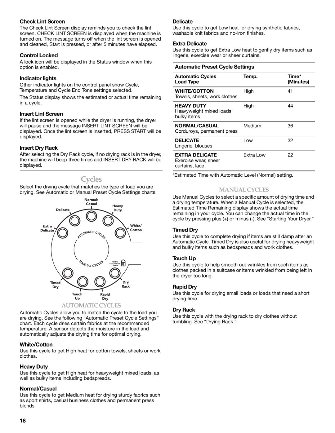 KitchenAid PROLINE FRONT-LOADING ELECTRIC DRYER manual Cycles 