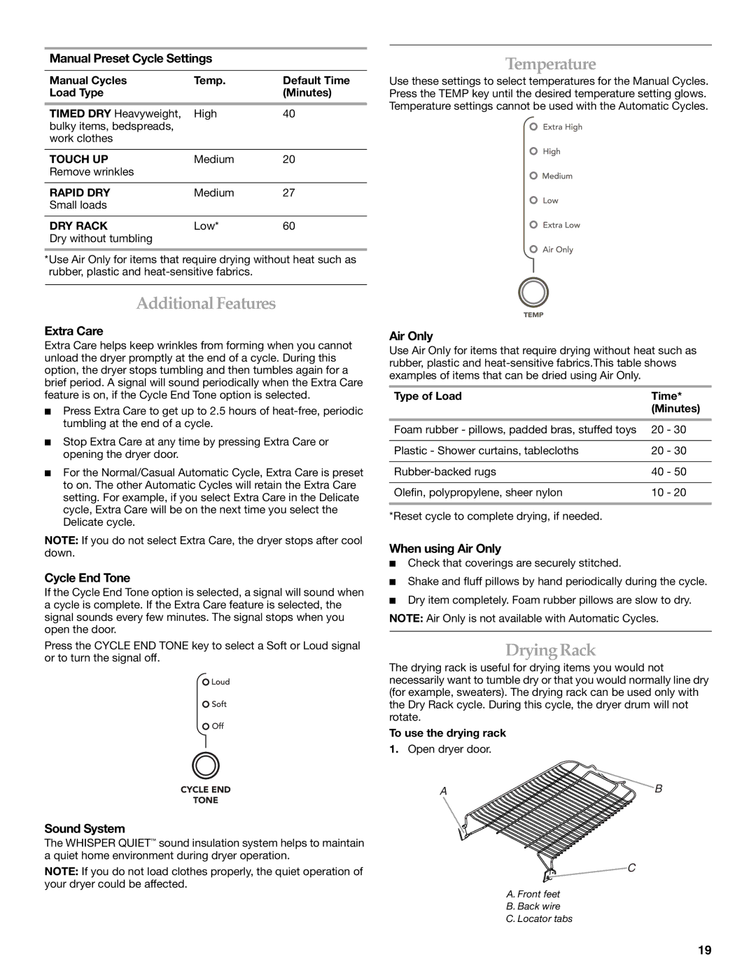 KitchenAid PROLINE FRONT-LOADING ELECTRIC DRYER manual Additional Features, Temperature, DryingRack 