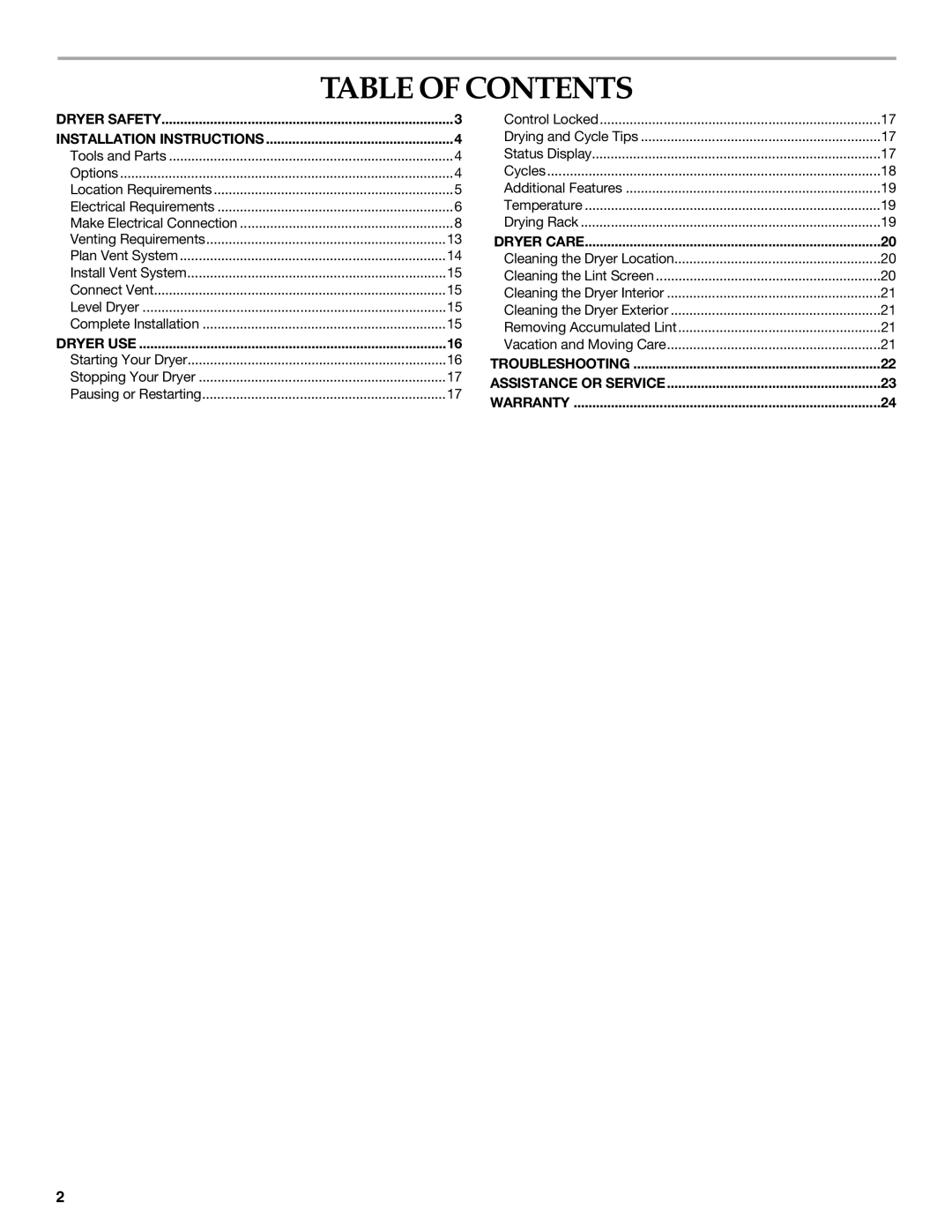 KitchenAid PROLINE FRONT-LOADING ELECTRIC DRYER manual Table of Contents 