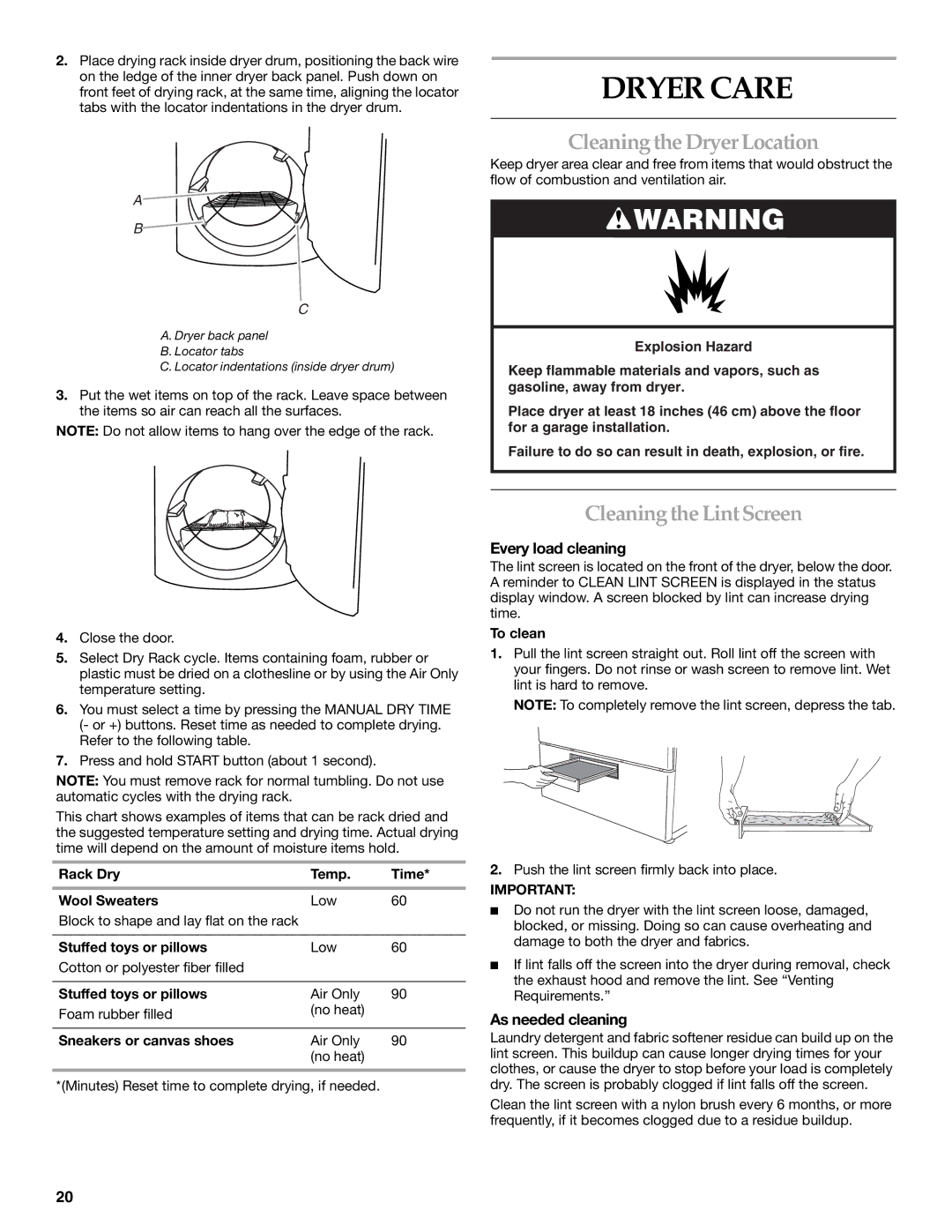 KitchenAid PROLINE FRONT-LOADING ELECTRIC DRYER manual Dryer Care, Cleaning the DryerLocation, Cleaningthe LintScreen 