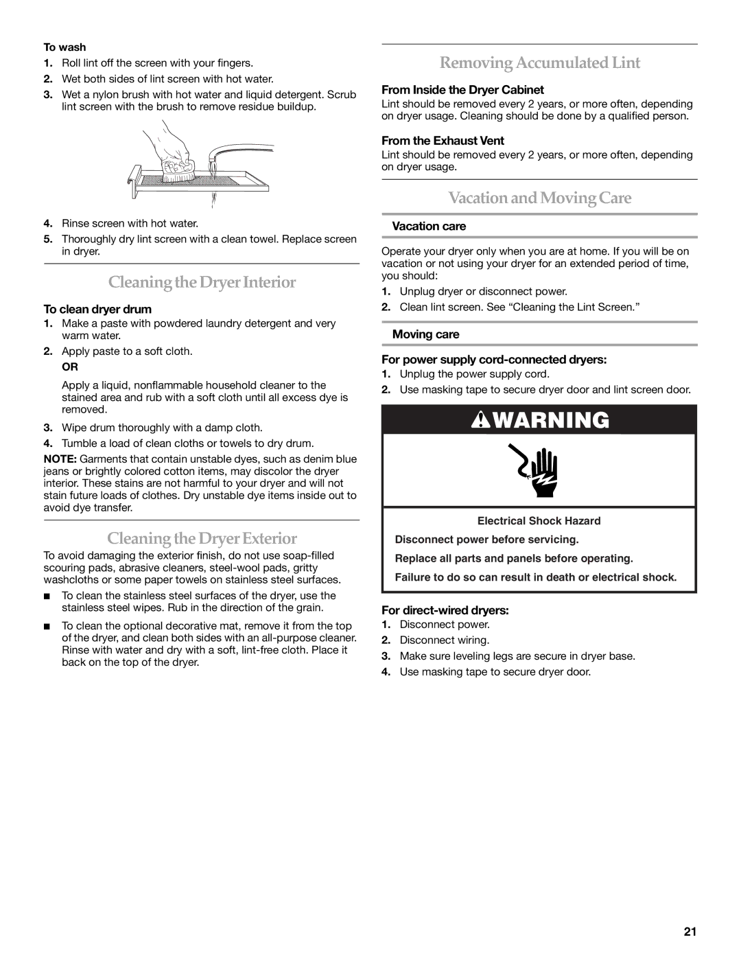 KitchenAid PROLINE FRONT-LOADING ELECTRIC DRYER manual Removing Accumulated Lint, Cleaningthe Dryer Interior 