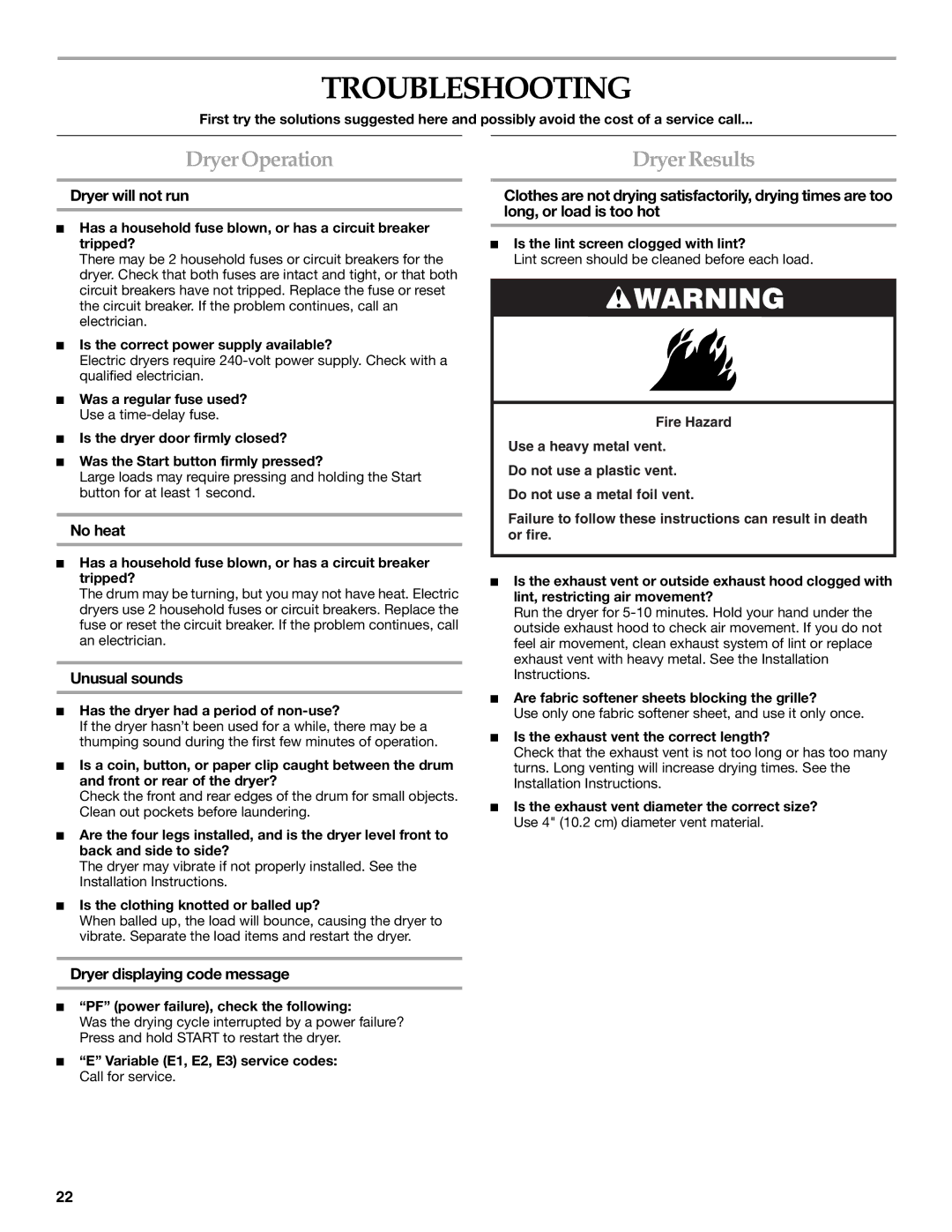 KitchenAid PROLINE FRONT-LOADING ELECTRIC DRYER manual Troubleshooting, Dryer Operation 