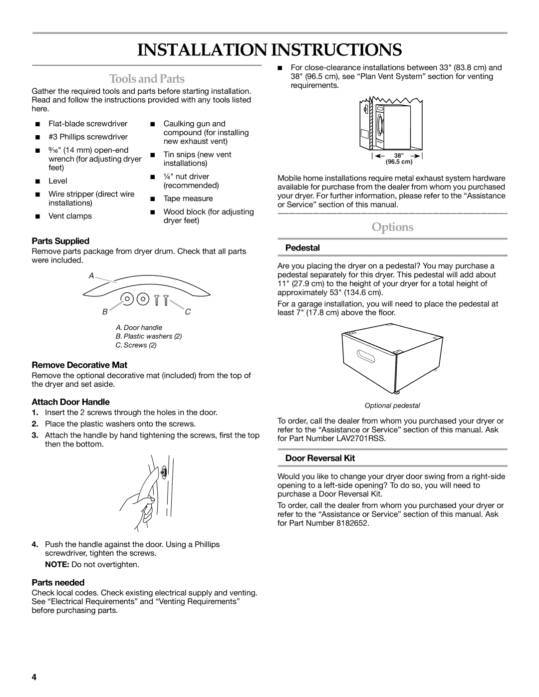 KitchenAid PROLINE FRONT-LOADING ELECTRIC DRYER manual Installation Instructions, Toolsand Parts, Options 