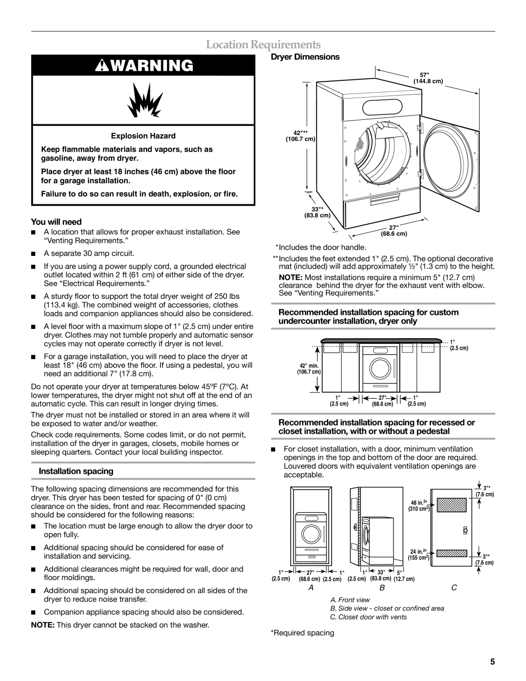 KitchenAid PROLINE FRONT-LOADING ELECTRIC DRYER manual Location Requirements, Dryer Dimensions, You will need 