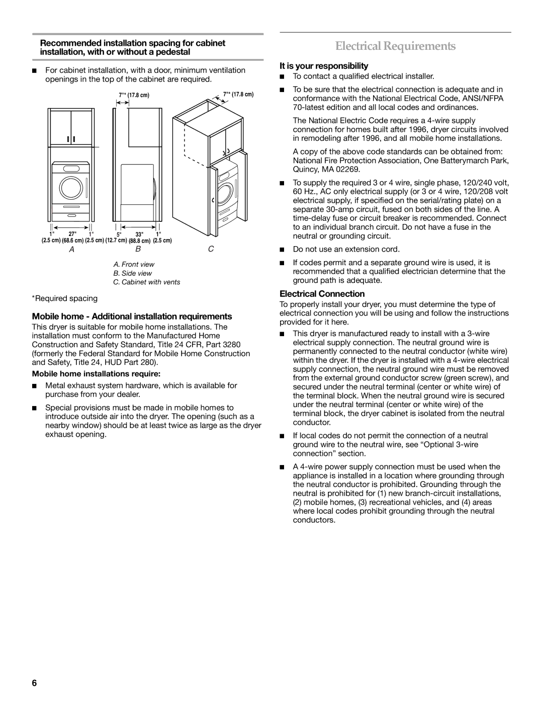 KitchenAid PROLINE FRONT-LOADING ELECTRIC DRYER Electrical Requirements, Mobile home Additional installation requirements 