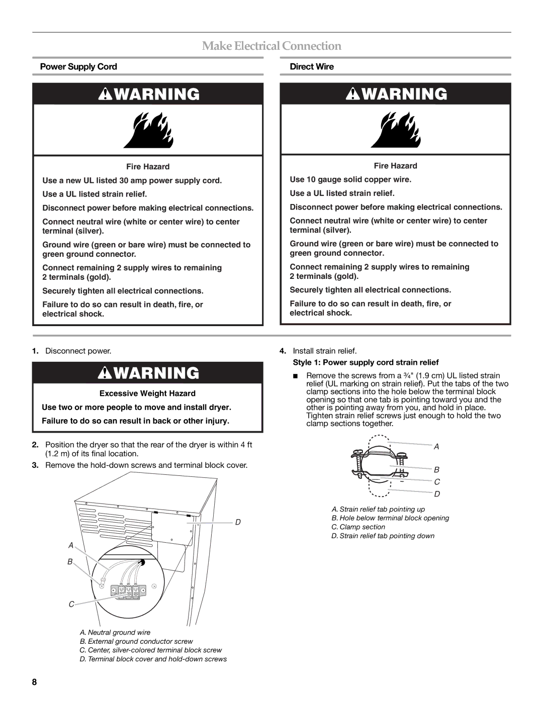 KitchenAid PROLINE FRONT-LOADING ELECTRIC DRYER Make ElectricalConnection, Power Supply Cord Direct Wire, Disconnect power 