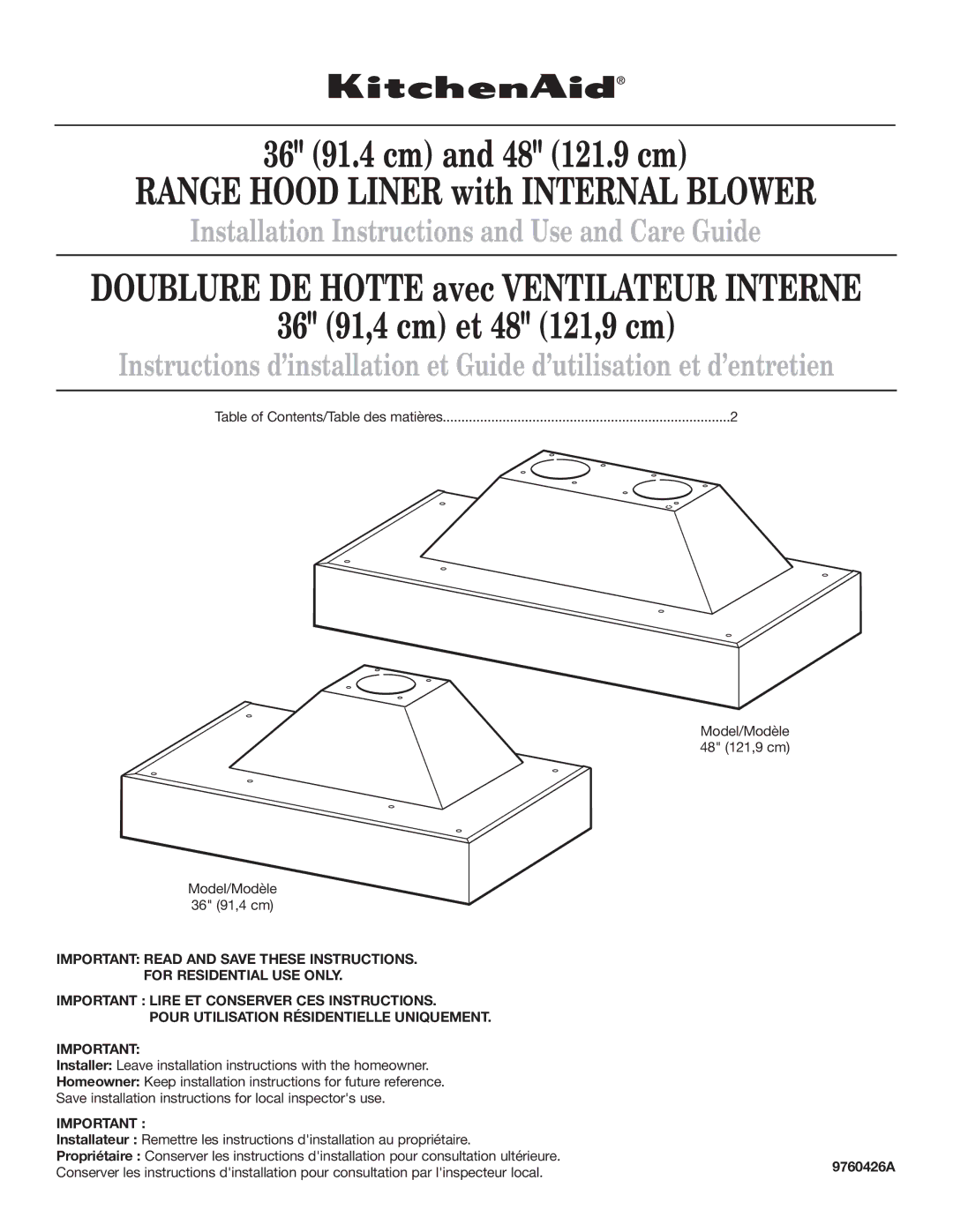 KitchenAid RANGE HOOD LINER with INTERNAL BLOWER installation instructions 36 91.4 cm and 48 121.9 cm, 9760426A 