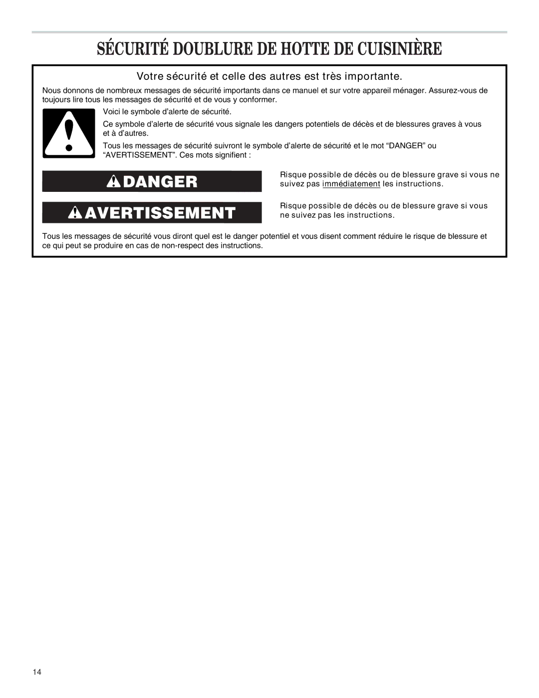 KitchenAid RANGE HOOD LINER with INTERNAL BLOWER installation instructions Sécurité Doublure DE Hotte DE Cuisinière 