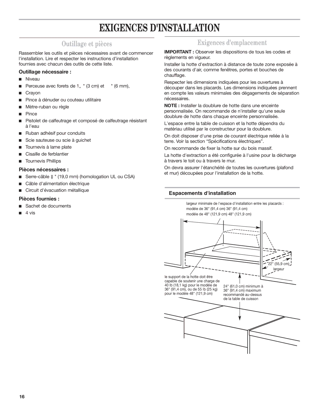 KitchenAid RANGE HOOD LINER with INTERNAL BLOWER Exigences Dinstallation, Outillage et pièces, Exigences demplacement 