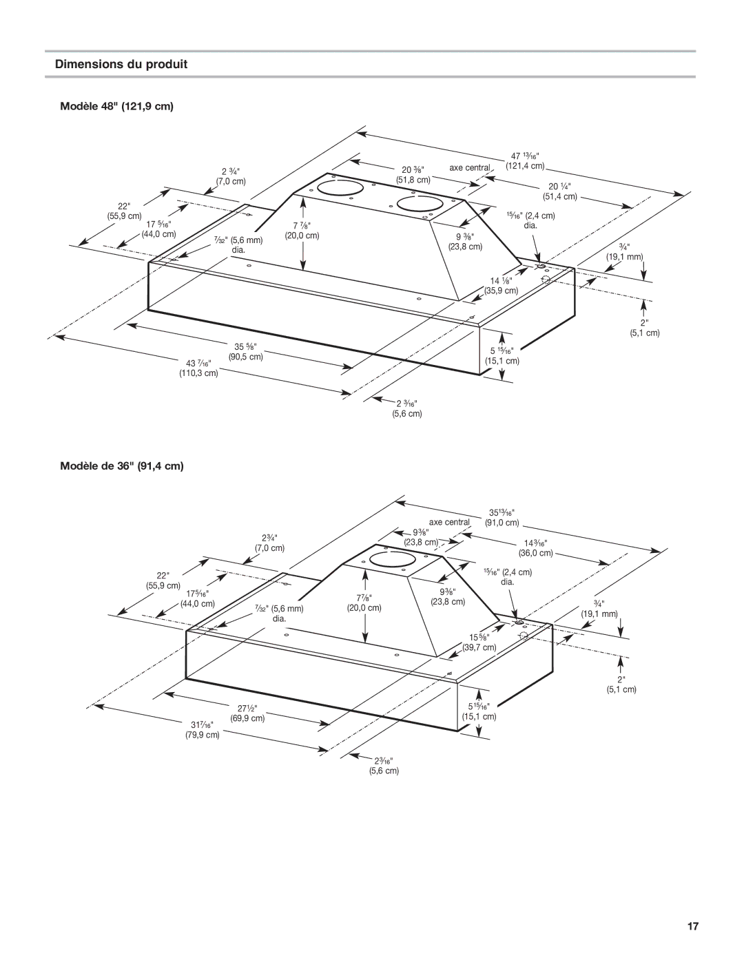 KitchenAid RANGE HOOD LINER with INTERNAL BLOWER Dimensions du produit, Modèle 48 121,9 cm, Modèle de 36 91,4 cm 