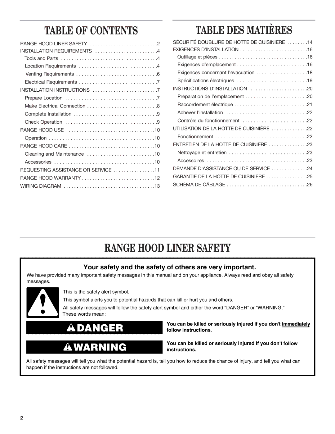 KitchenAid RANGE HOOD LINER with INTERNAL BLOWER installation instructions Table DES Matières, Range Hood Liner Safety 