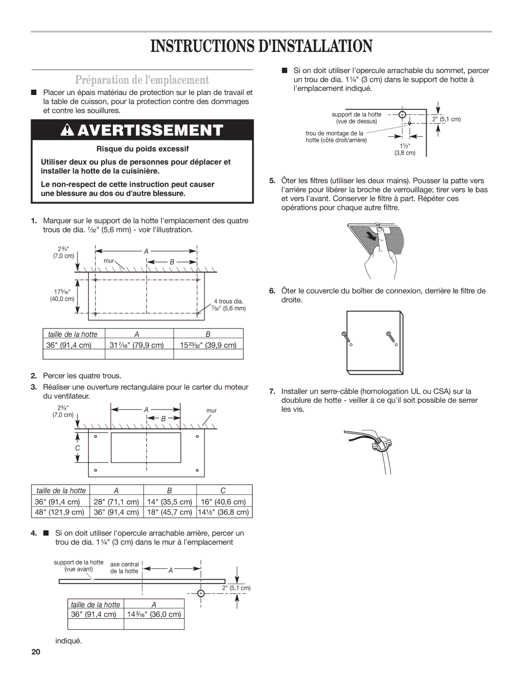 KitchenAid RANGE HOOD LINER with INTERNAL BLOWER Instructions Dinstallation, Préparation de lemplacement 