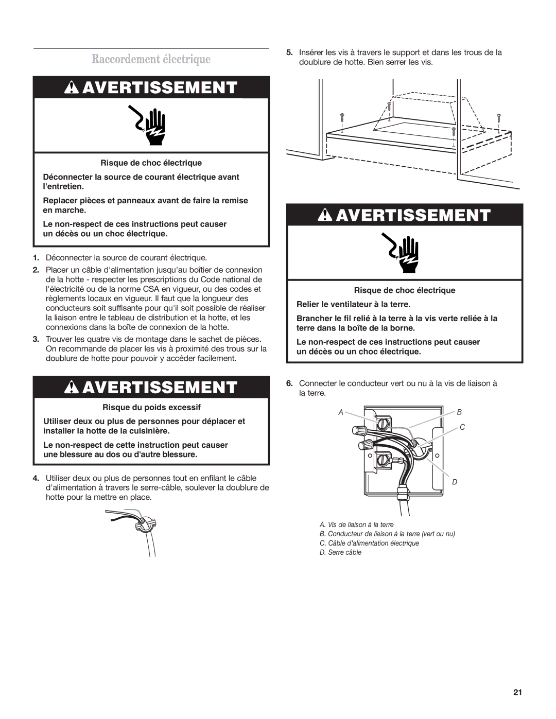 KitchenAid RANGE HOOD LINER with INTERNAL BLOWER Raccordement électrique, Déconnecter la source de courant électrique 