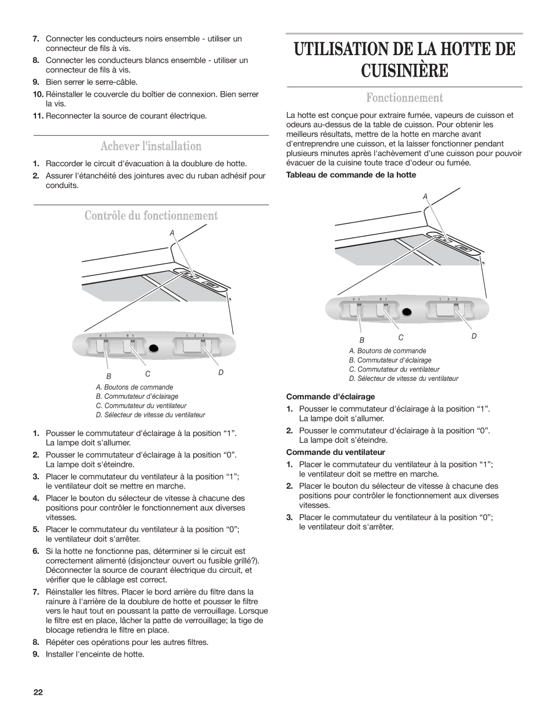 KitchenAid RANGE HOOD LINER with INTERNAL BLOWER Cuisinière, Achever linstallation, Contrôle du fonctionnement 