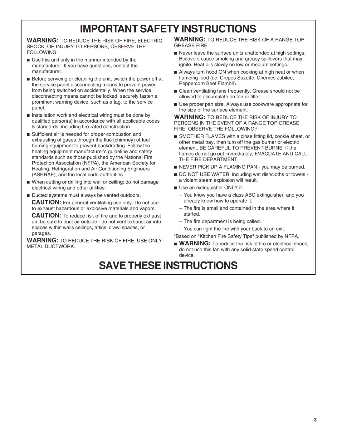 KitchenAid RANGE HOOD LINER with INTERNAL BLOWER installation instructions Important Safety Instructions 