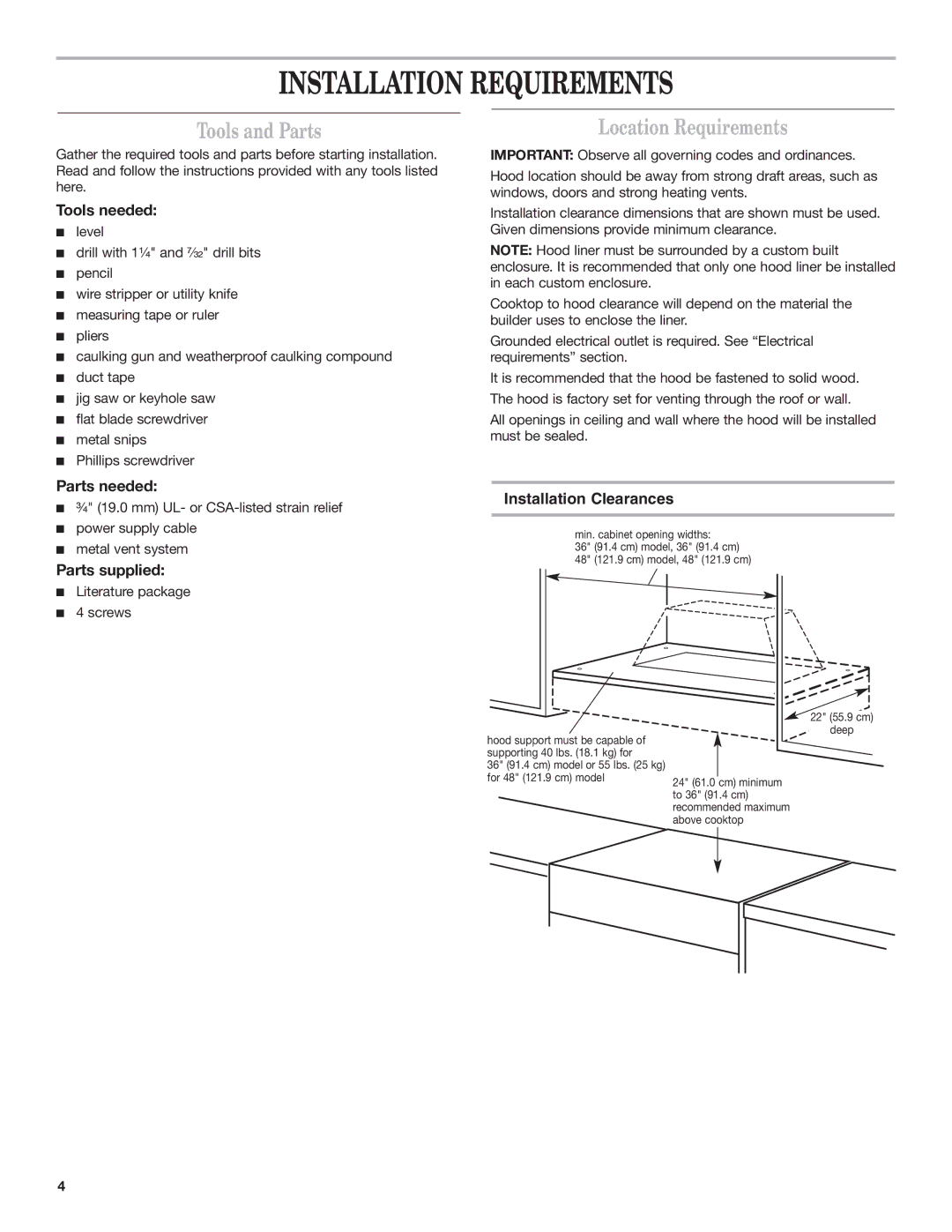 KitchenAid RANGE HOOD LINER with INTERNAL BLOWER Installation Requirements, Tools and Parts, Location Requirements 