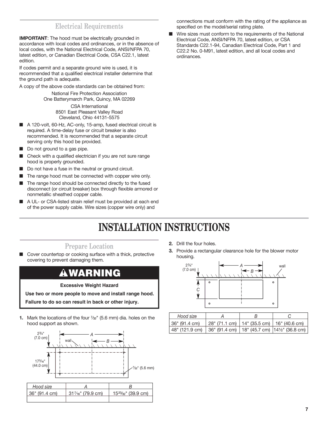 KitchenAid RANGE HOOD LINER with INTERNAL BLOWER Installation Instructions, Electrical Requirements, Prepare Location 