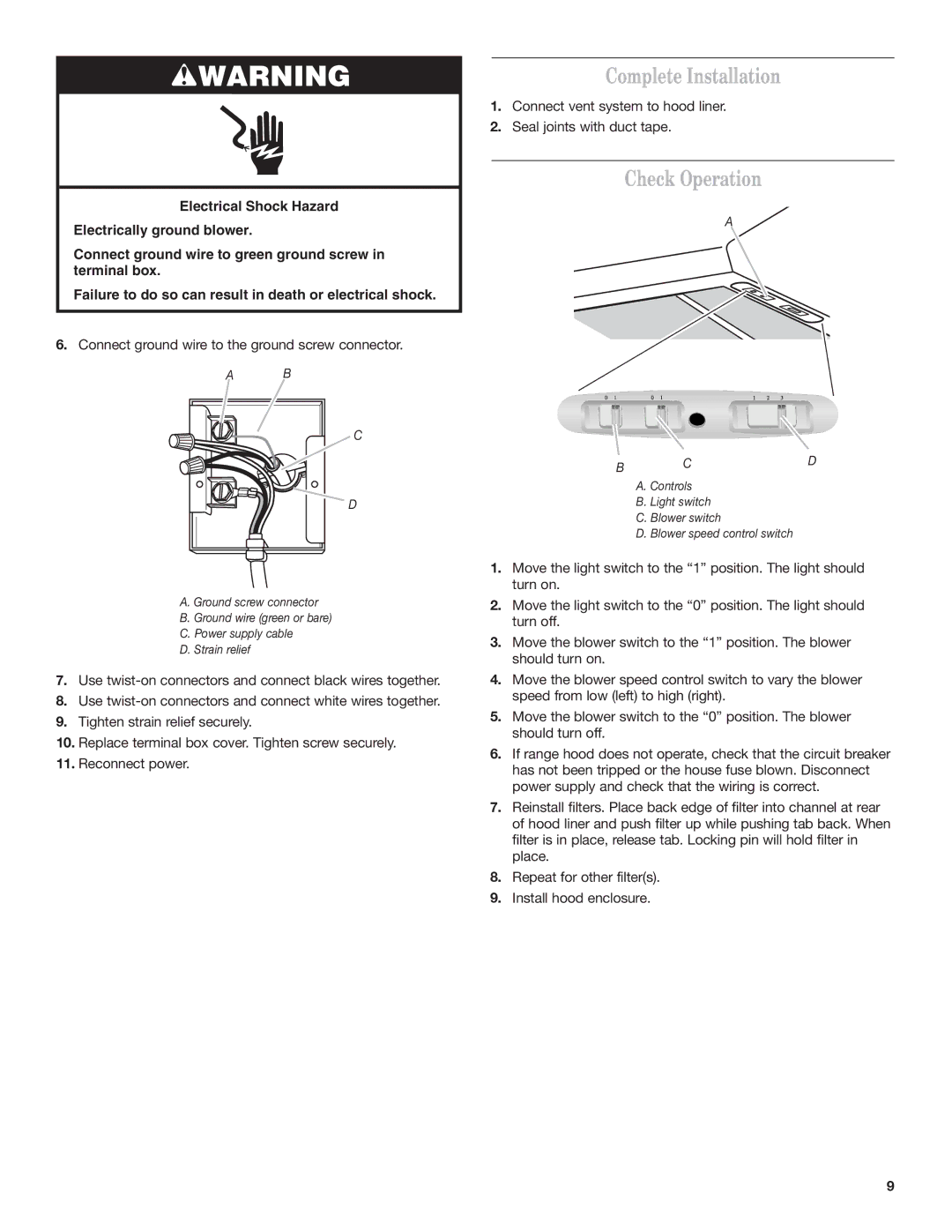 KitchenAid RANGE HOOD LINER with INTERNAL BLOWER installation instructions Complete Installation, Check Operation 