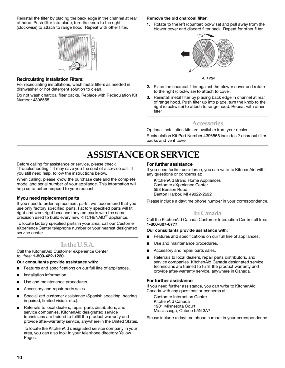 KitchenAid RangeHood installation instructions Assistance or Service, Accessories, U.S.A, Canada 