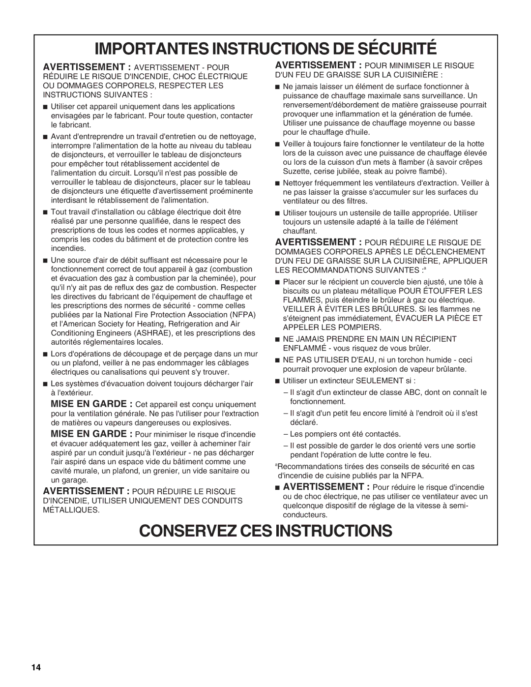 KitchenAid RangeHood installation instructions Conservez CES Instructions 