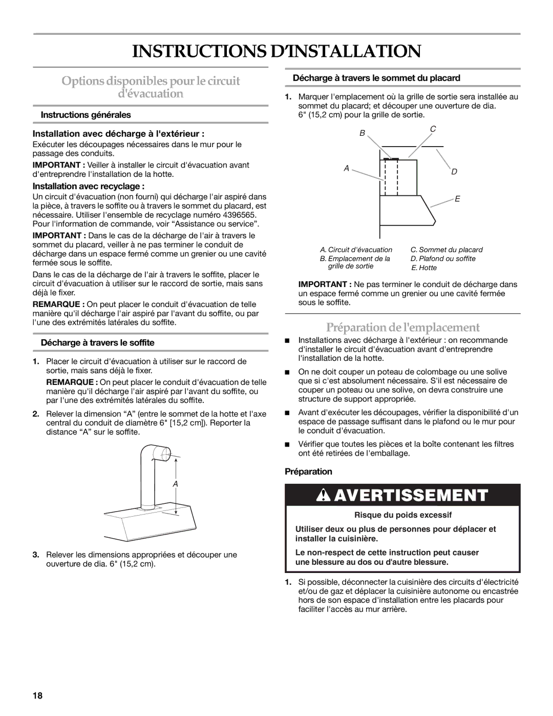 KitchenAid RangeHood installation instructions Instructions D’INSTALLATION, Options disponibles pour le circuit Dévacuation 