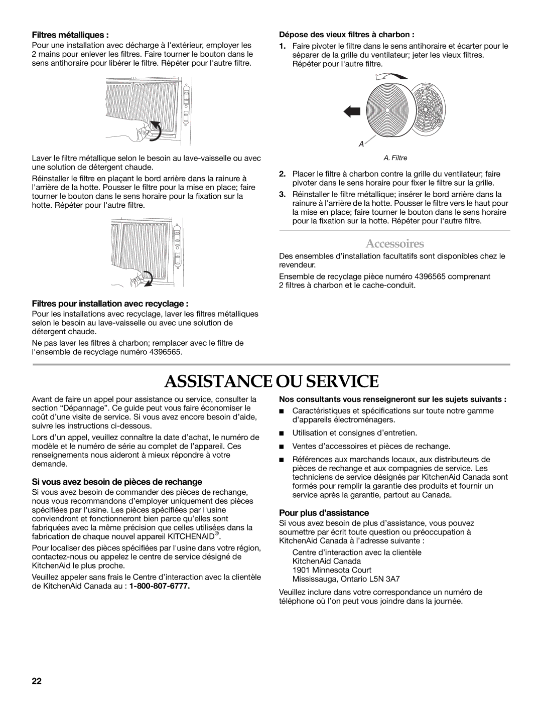 KitchenAid RangeHood installation instructions Assistance OU Service, Accessoires 