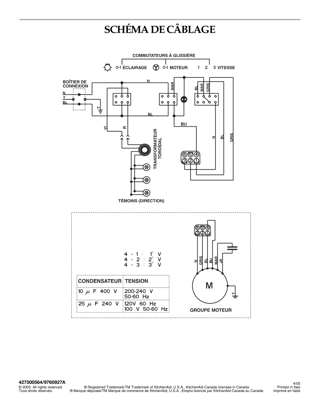 KitchenAid RangeHood installation instructions Schéma DE Câblage, 427500564/9760927A 