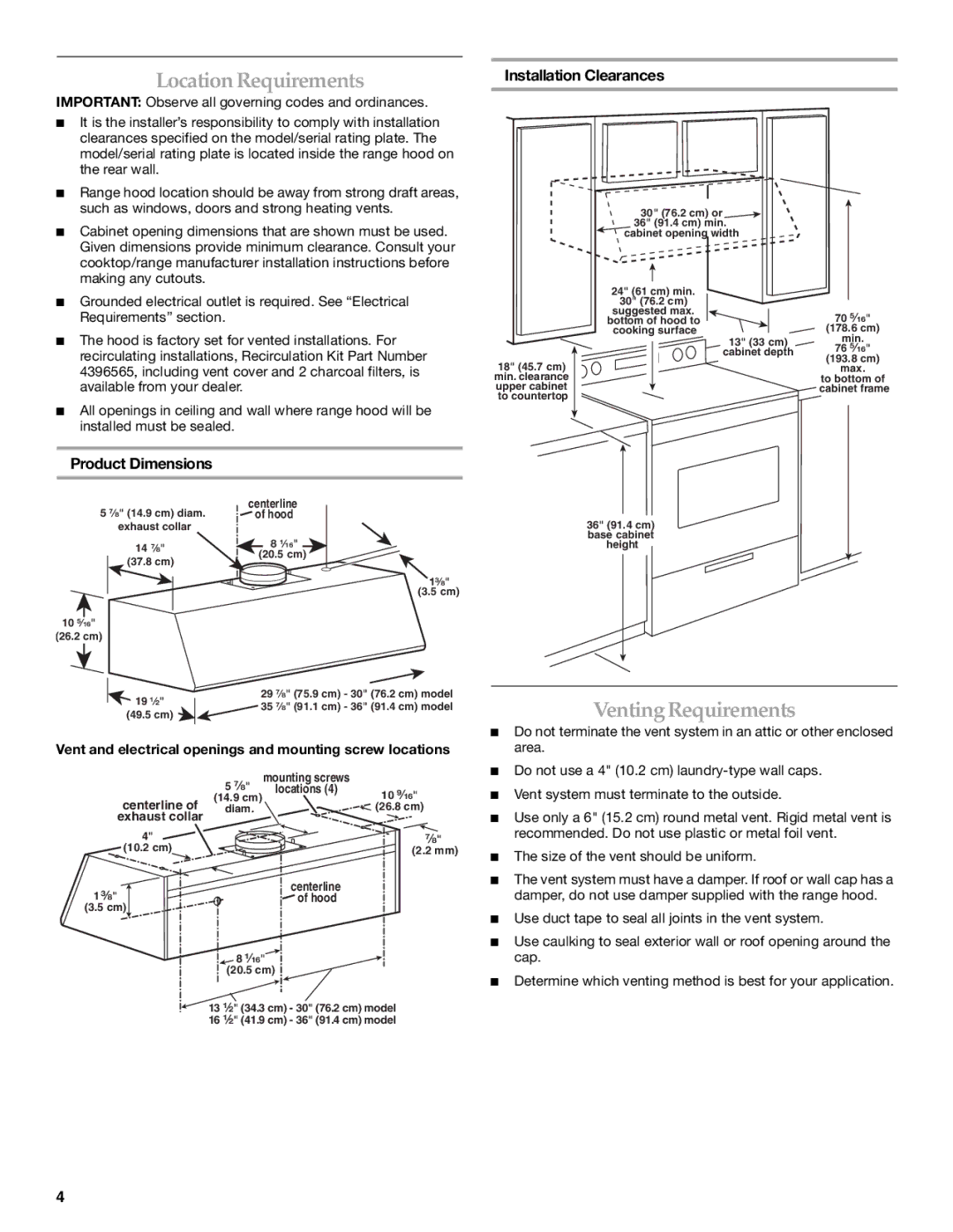 KitchenAid RangeHood Location Requirements, Venting Requirements, Installation Clearances, Product Dimensions 