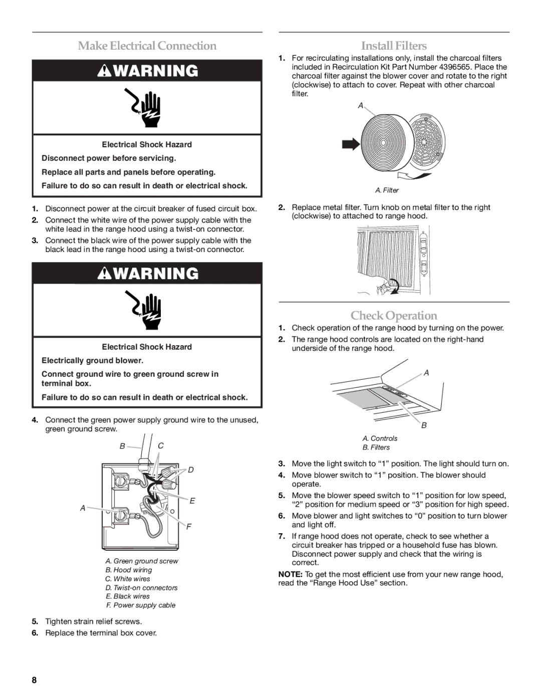 KitchenAid RangeHood installation instructions Make Electrical Connection, Install Filters, Check Operation 