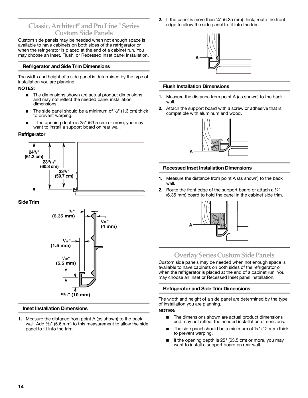 KitchenAid Refrigerator manual Classic, Architect and Pro Line Series Custom Side Panels, OverlaySeries Custom Side Panels 