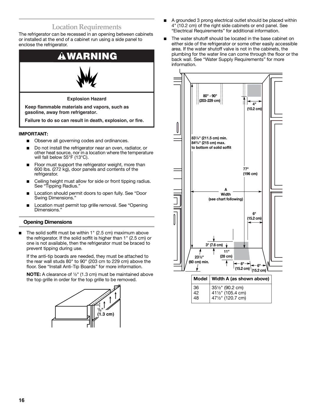 KitchenAid Refrigerator Location Requirements, Opening Dimensions, Location should permit doors to open fully. See Door 