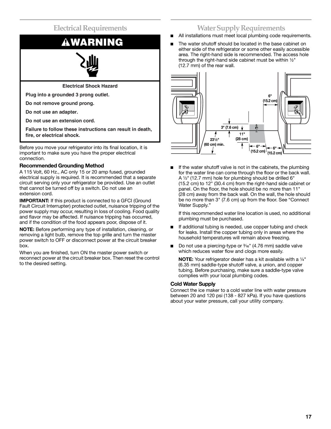 KitchenAid Refrigerator manual Electrical Requirements, Water Supply Requirements, Recommended Grounding Method 